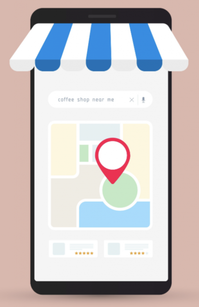Mobile phone as shopfront with maps pin.